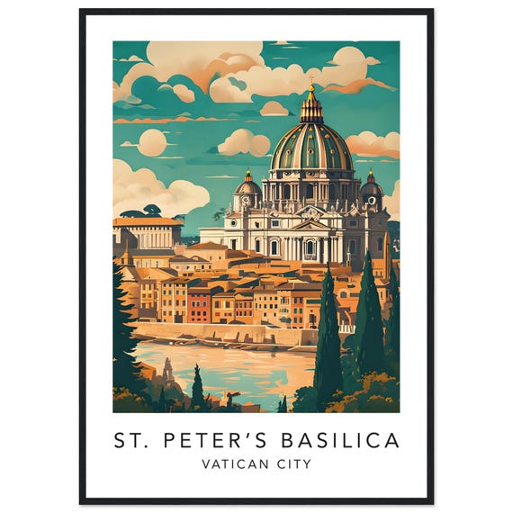 Vintage St Peters Basilica Art Print Poster Framed Retro Travel Decor
