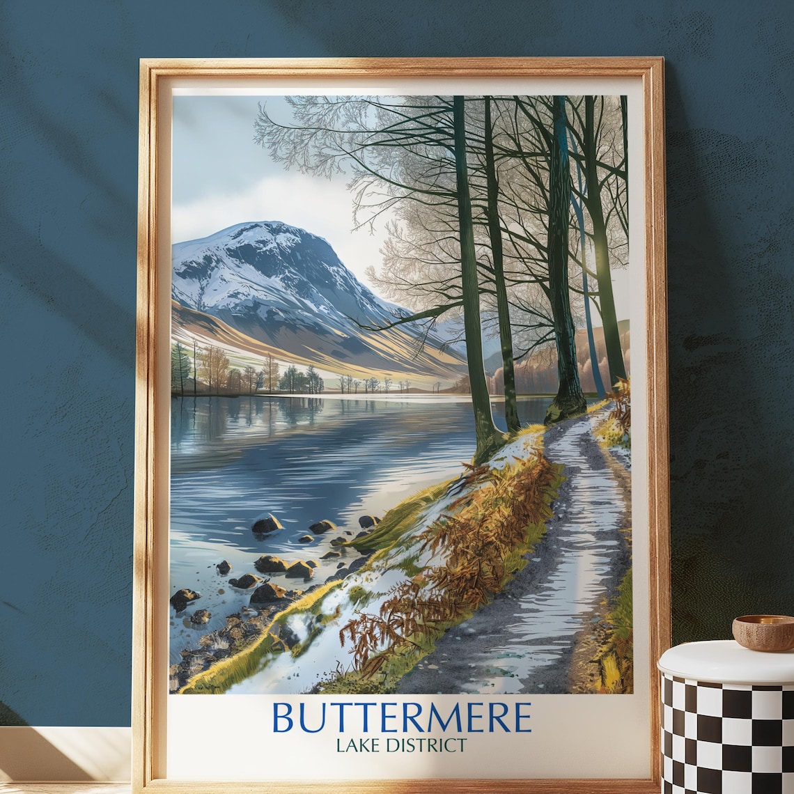 Snowy Buttermere Lake District Winter Mountain Lake Art Poster