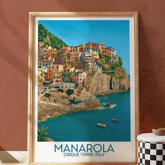 Manarola Art Print Colorful Cinque Terre Coastal Village Illustration