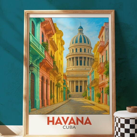 Havana Cuba Colourful Colonial Street Capitolio Travel Poster