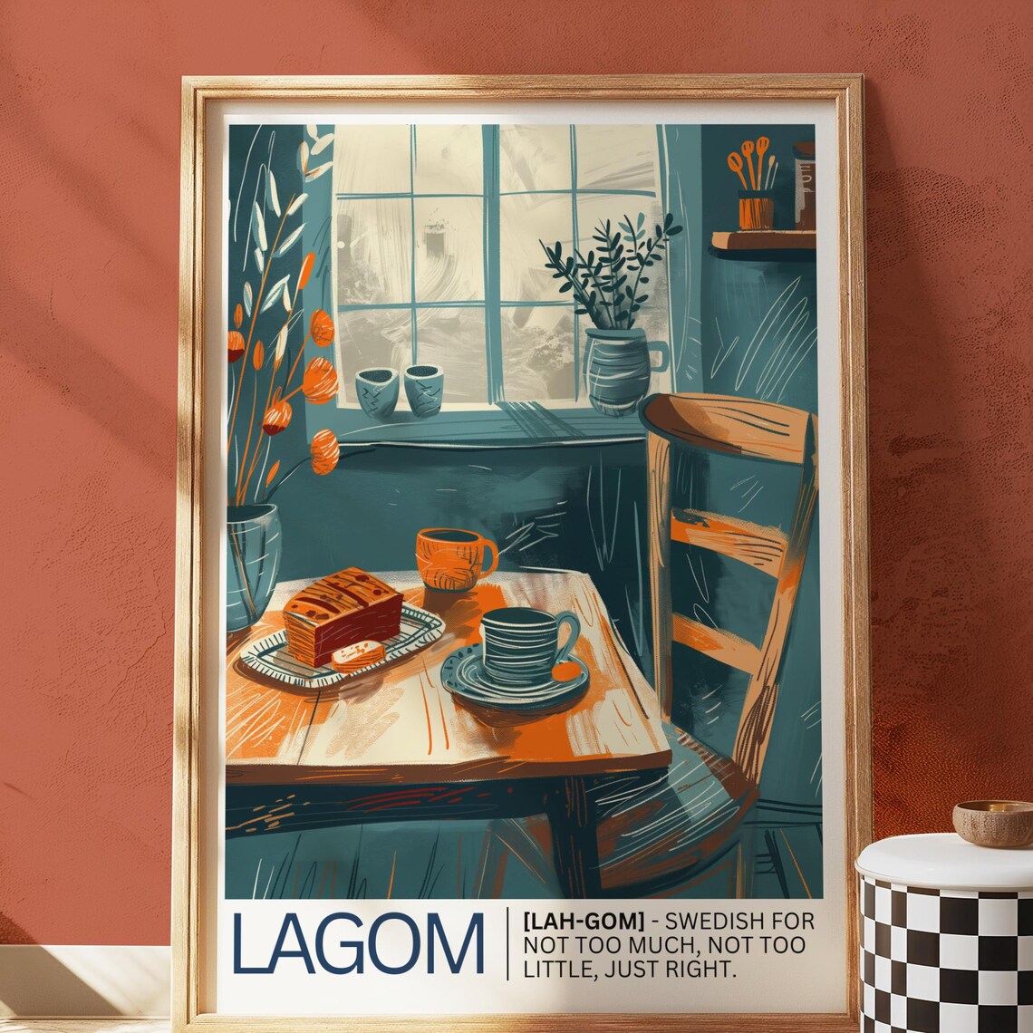 Lagom Swedish Cozy Kitchen Scene Nordic Illustrated Art Poster