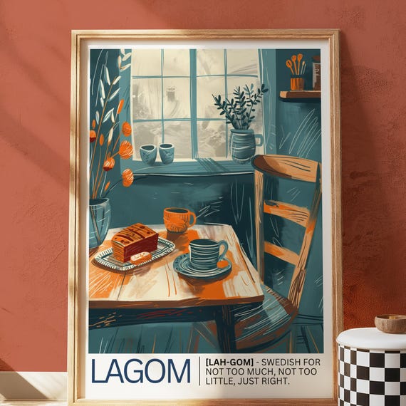 Lagom Swedish Print Cozy Kitchen Scene Nordic Illustration