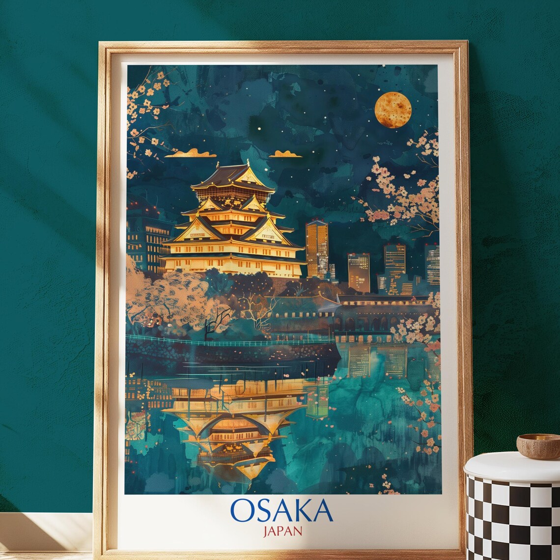 Osaka Castle Japan Travel Poster, Romantic Night Skyline