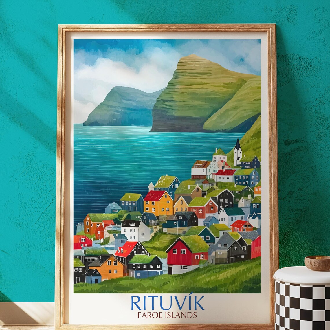 Rituvík Faroe Islands Colorful Coastal Village Fjord Travel Poster