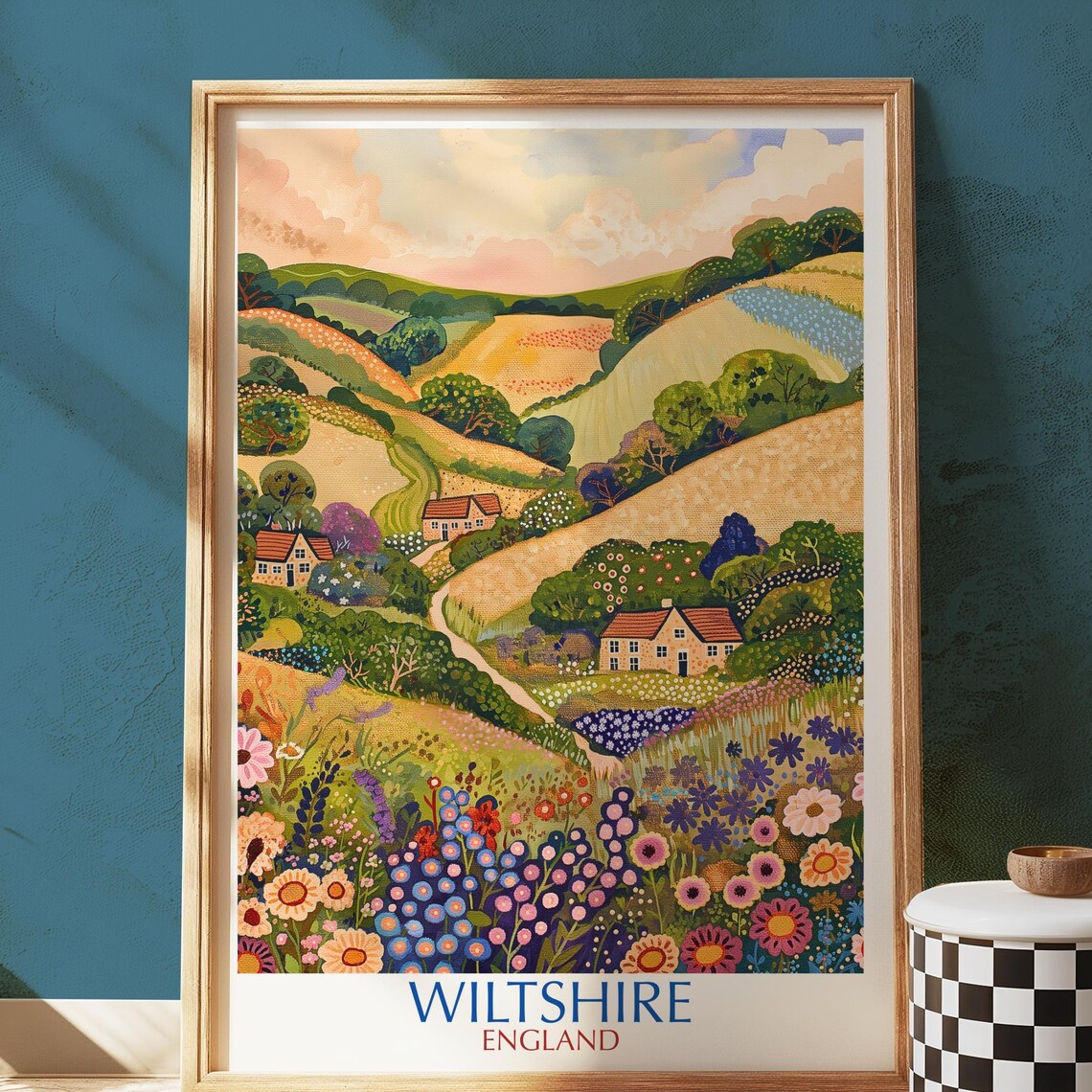 Wiltshire England Rolling Hills Cottage Countryside Folk Art Poster