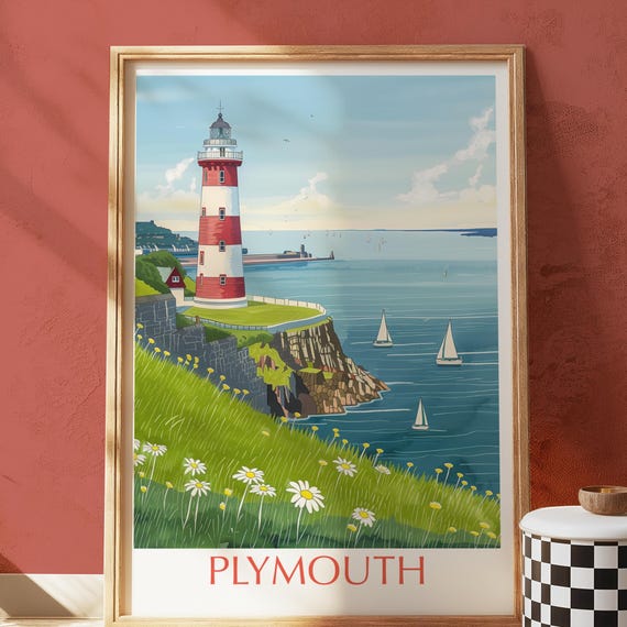 Plymouth Hoe Lighthouse Print British Coastal Illustration Nautical Wall Art