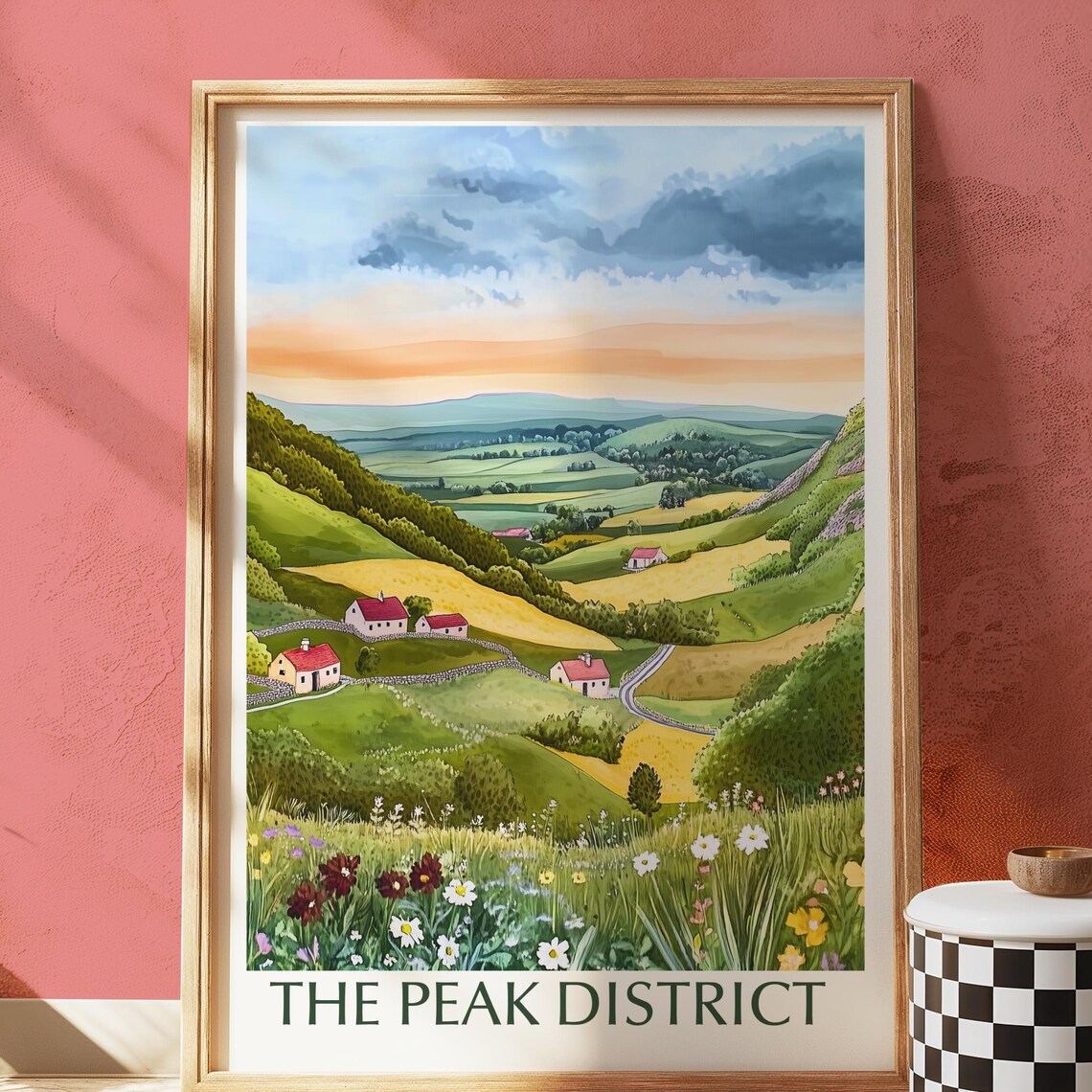 Peak District England Rolling Green Hills Cottages Landscape Poster