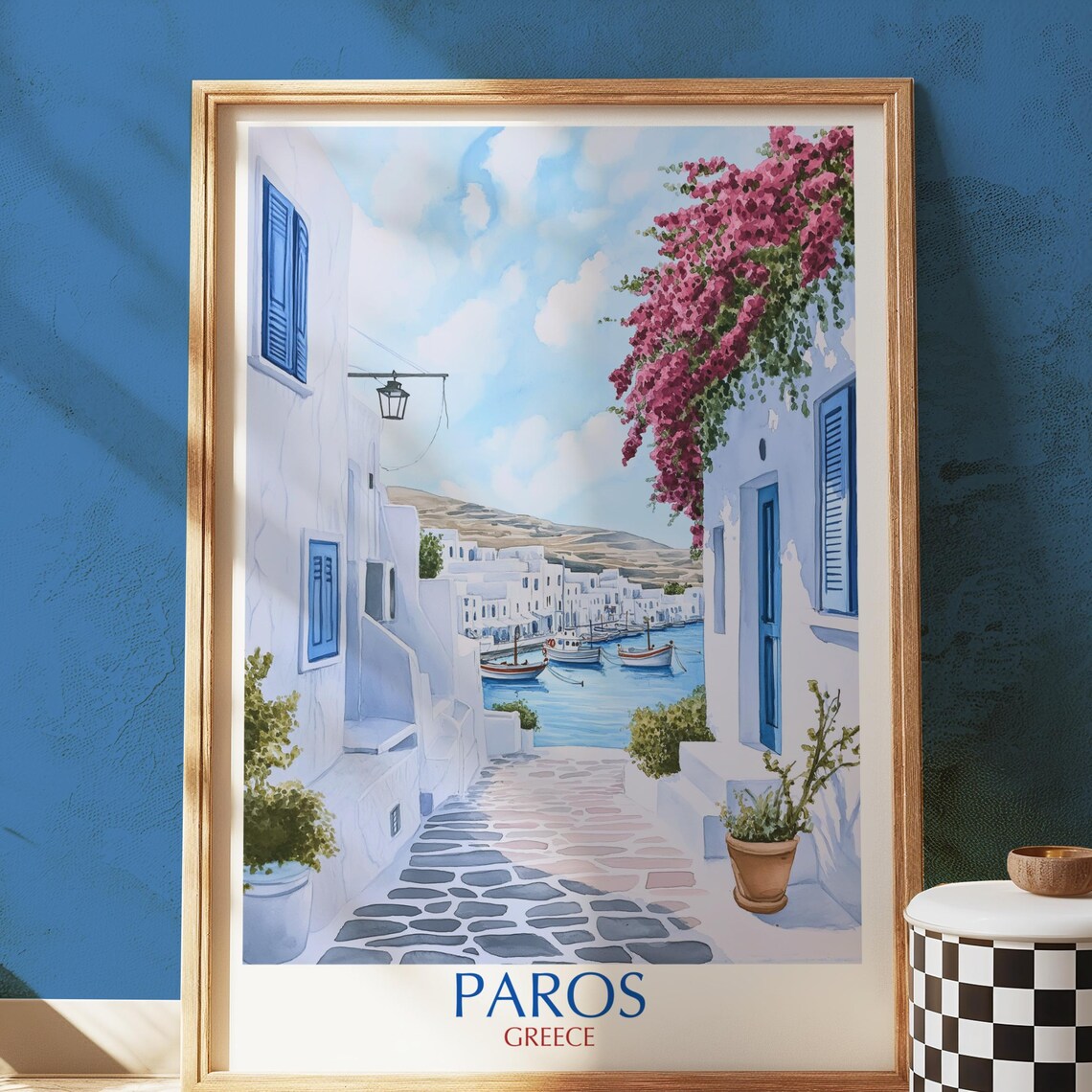 Paros Greece Whitewashed Alley Bougainvillea Harbor Travel Poster