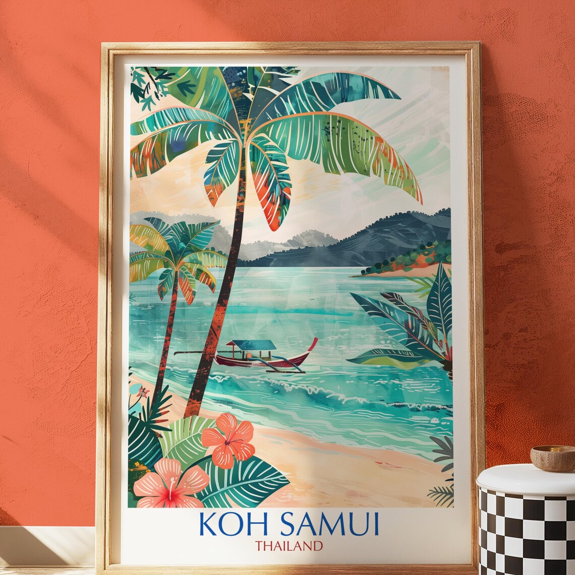 Koh Samui Thailand Tropical Beach Travel Poster Palm Boat Vintage Art
