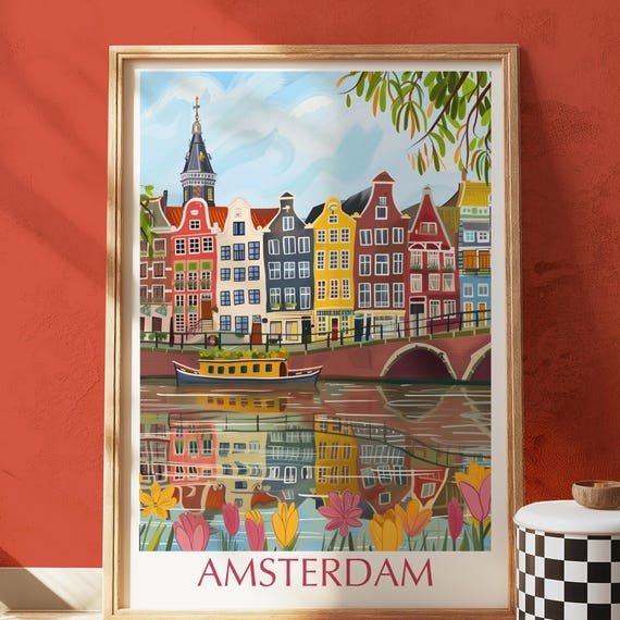 Amsterdam Canal House Dutch Travel Poster, Tulips