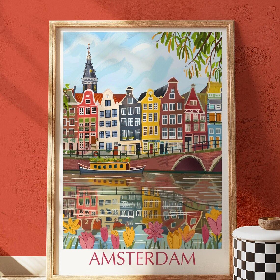 Amsterdam Canal House Dutch Travel Poster, Tulips