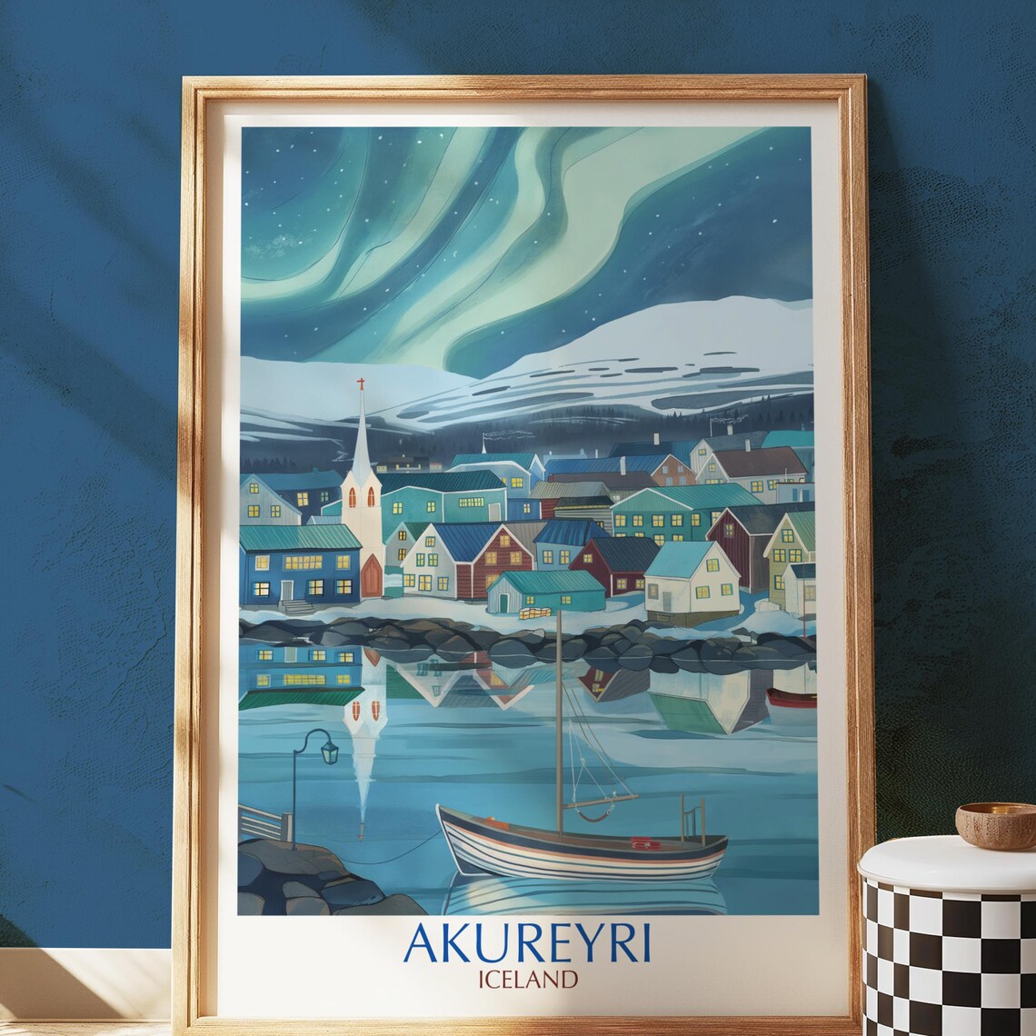 Akureyri Iceland Northern Lights Travel Poster