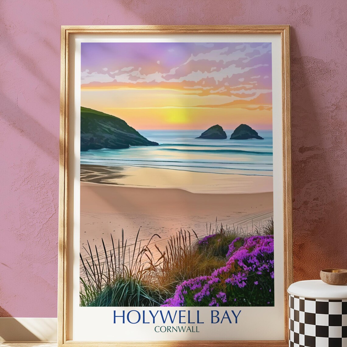 Holywell Bay Cornwall Beach Sunset Seascape Travel Art Poster