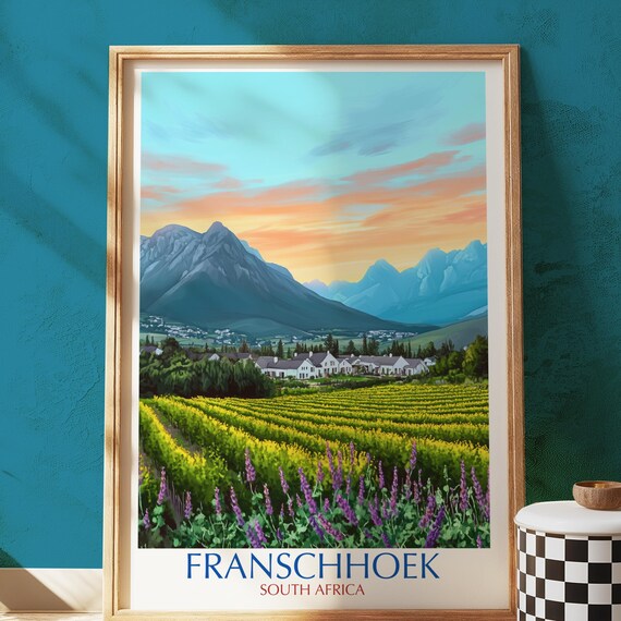 Franschhoek South Africa Vineyard Sunset Mountain Valley Travel Poster