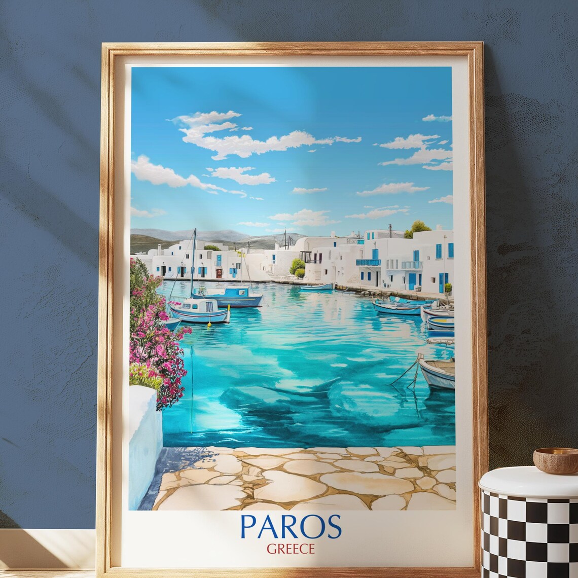 Paros Greece Whitewashed Harbor Boats Turquoise Aegean Travel Poster