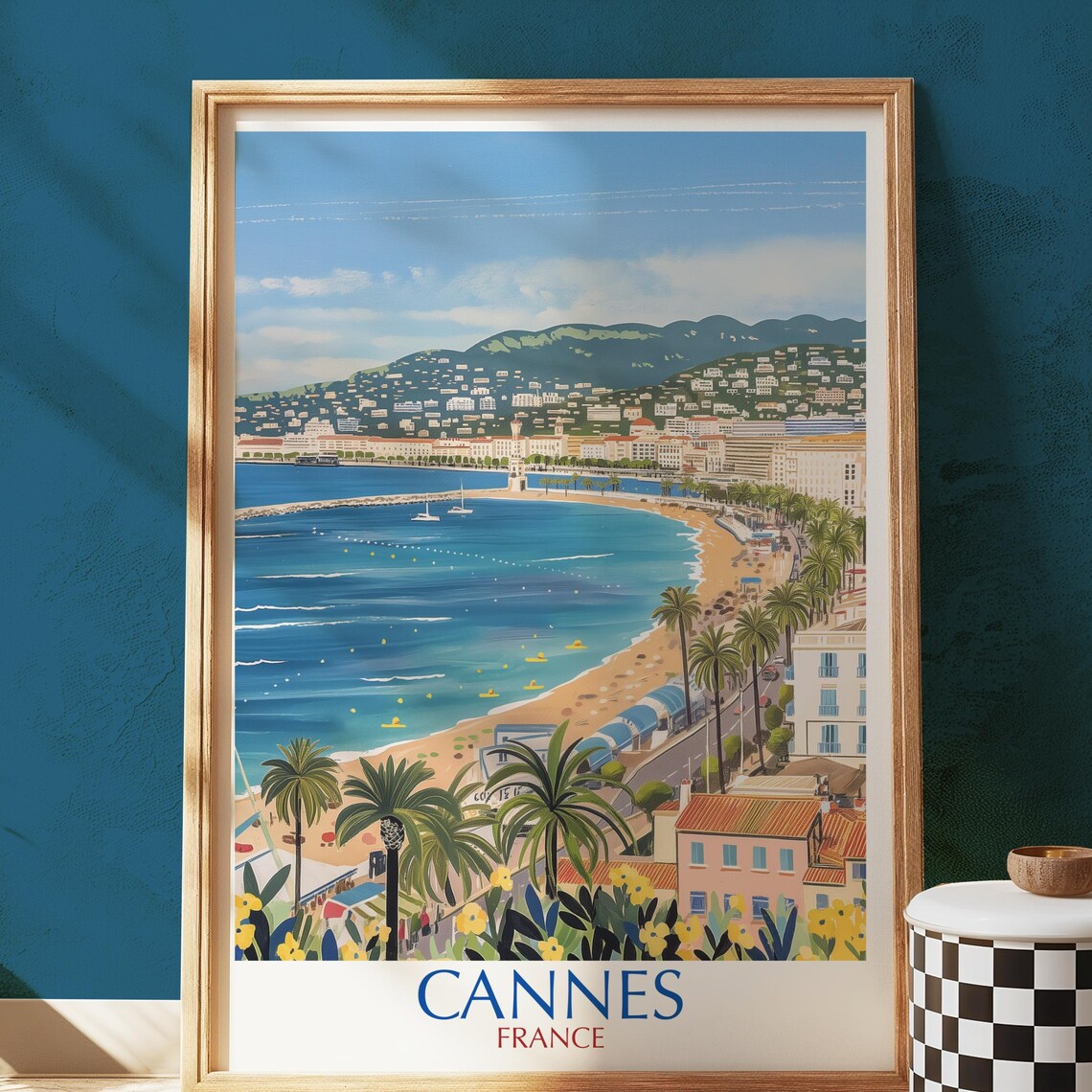 Cannes France Palm Lined Riviera Beach Summer Vacation Travel Poster