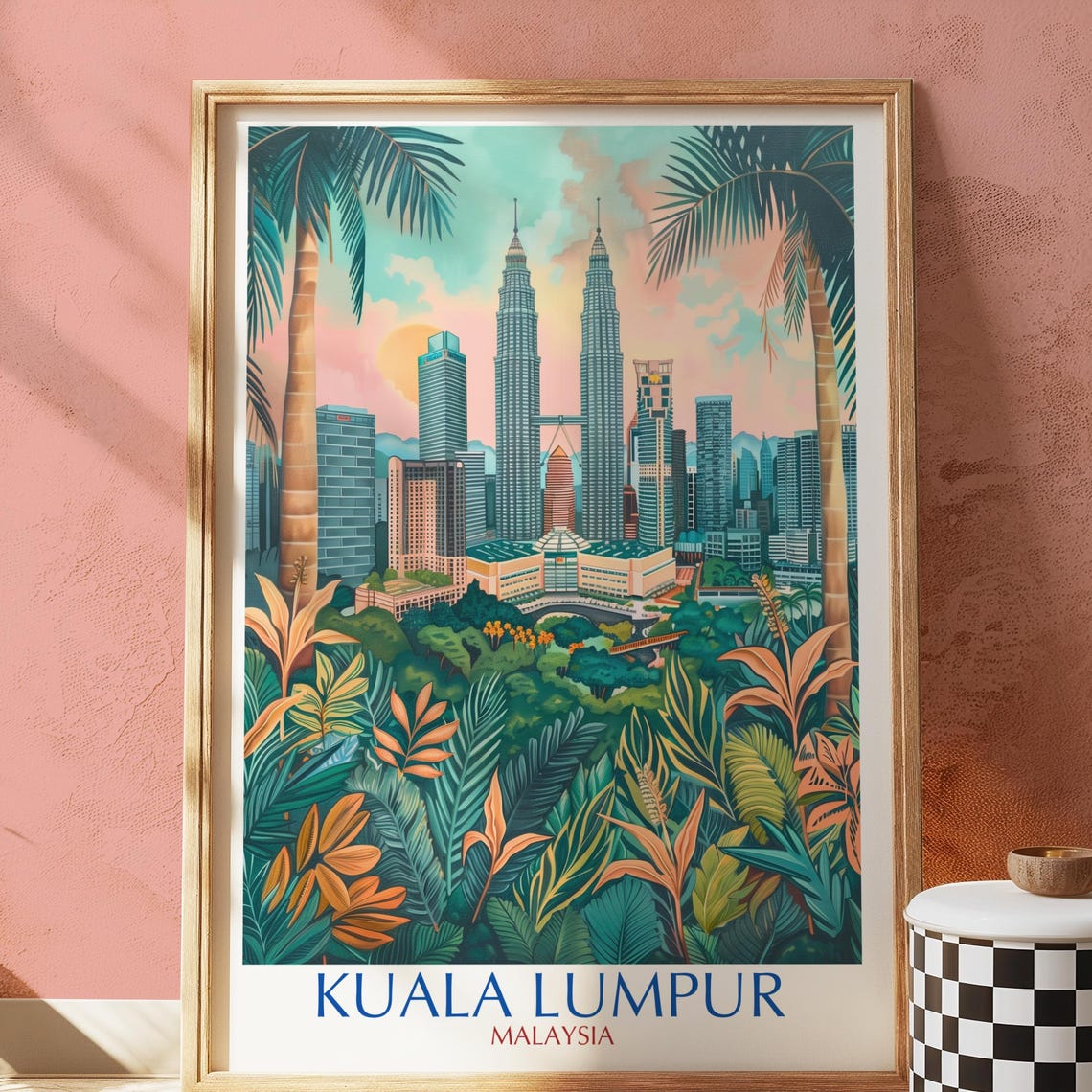 Kuala Lumpur Malaysia Tropical Botanical Skyline Pastel Travel Poster