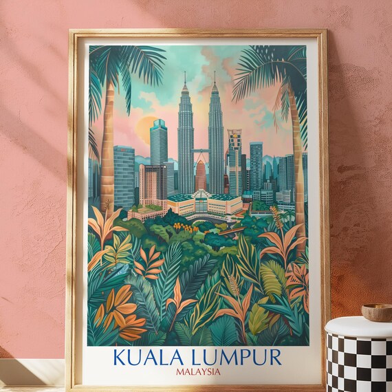 Kuala Lumpur Malaysia Tropical Botanical Skyline Pastel Travel Poster