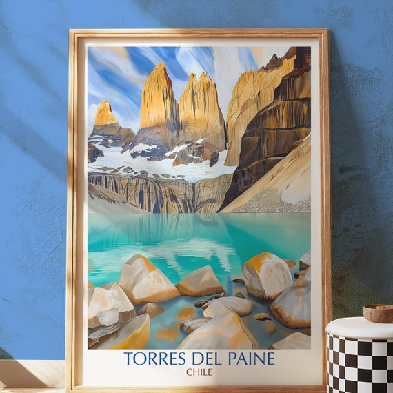 Torres Del Paine Chile Poster Print Patagonian Mountain Wall Art Glacial Lake Landscape Illustration South America Nature Travel Gift