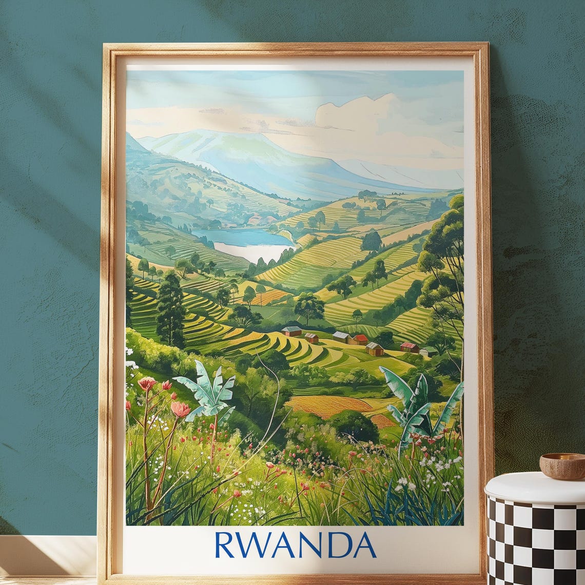 Rwanda Terraced Hills Lake Village Scenic Vintage Travel Poster