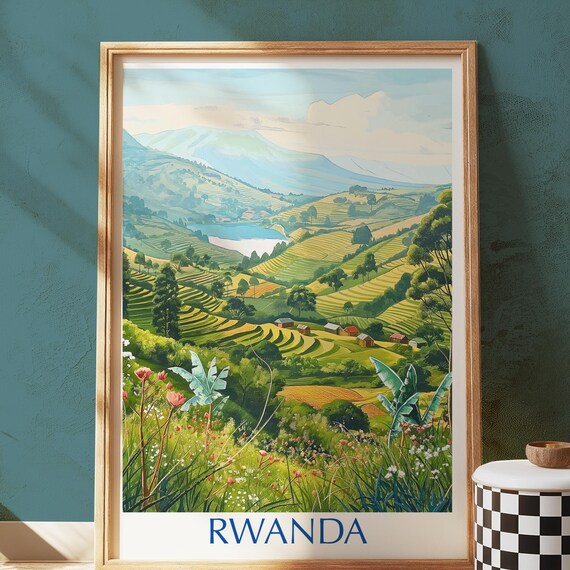 Rwanda Terraced Hills Lake Village Scenic Vintage Travel Poster
