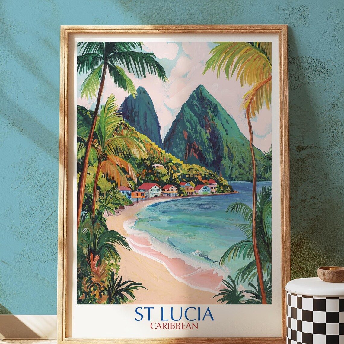 St Lucia Travel Poster, Caribbean Beach Pitons