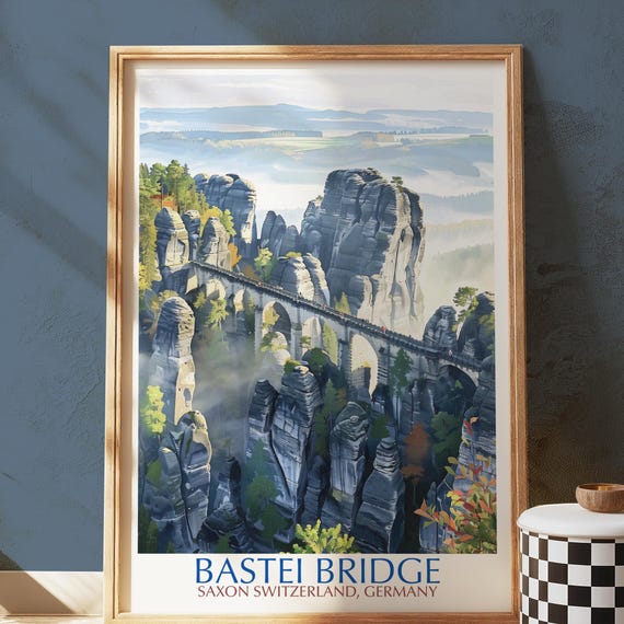 Bastei Bridge Germany Poster Print Saxon Switzerland Landscape Wall Art Misty Rock Formations Illustration Scenic Travel Nature Decor