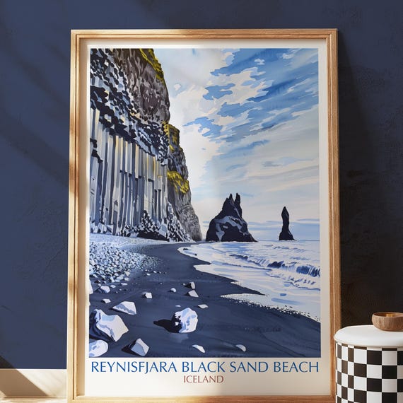 Black Sand Beach Iceland Travel Poster, Reynisfjara