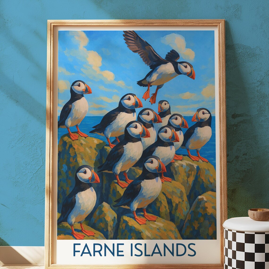 Farne Islands Puffin Colony Vintage Seabird Coastal Travel Poster