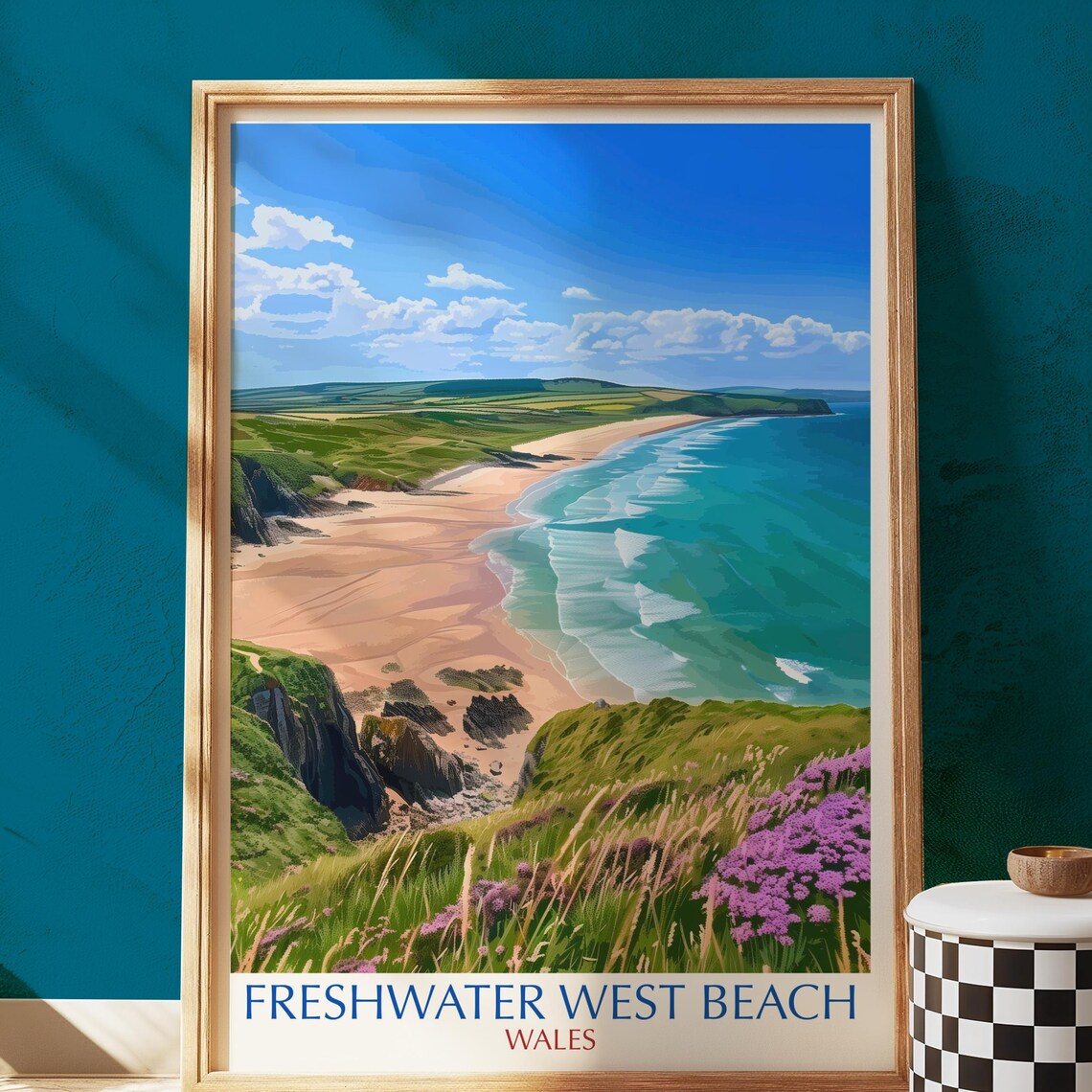 Freshwater West Beach Wales Turquoise Cliffs Coastal Vintage Travel Poster
