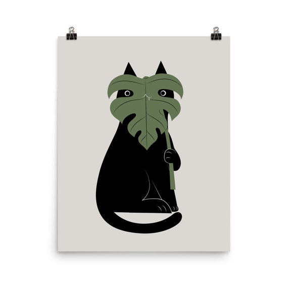 Cat and Plant Monstera Art Print
