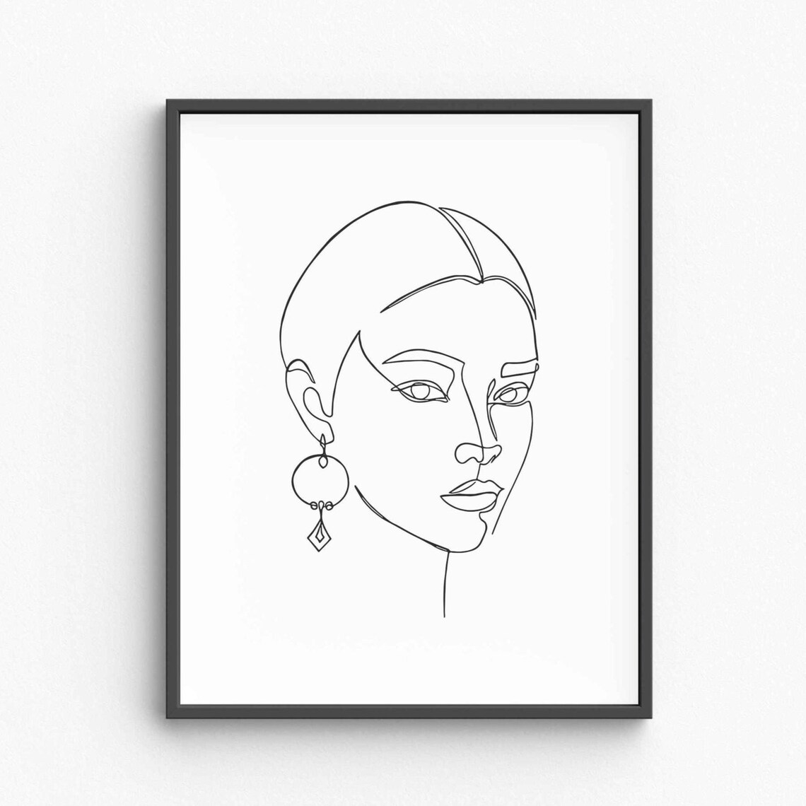 Beautiful Woman Face Portrait Dangling Earring Line Art Poster
