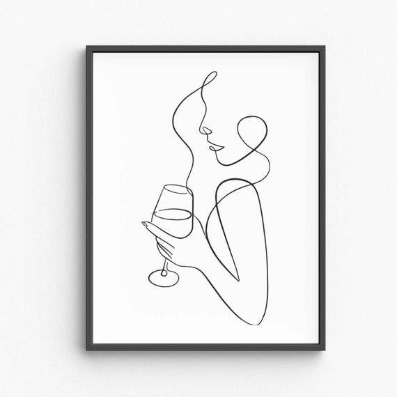 Wine Lady Line Art Woman Holding Glass Art Print