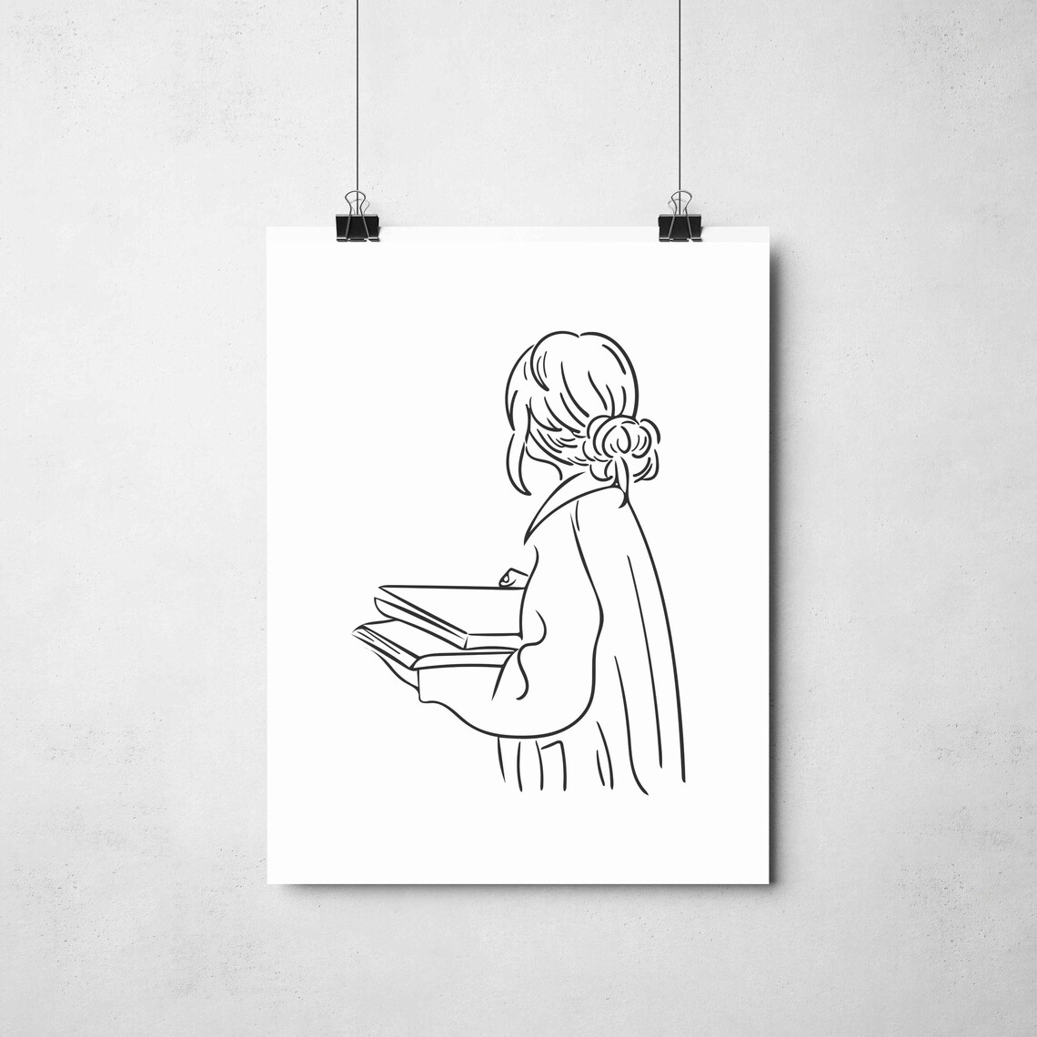 Woman Holding Books Back View Minimalist Line Art Reader Poster - Image 2