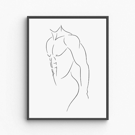 Male Body Wall Art Nude Man Line Drawing Masculine Figure Print Minimalist Decor