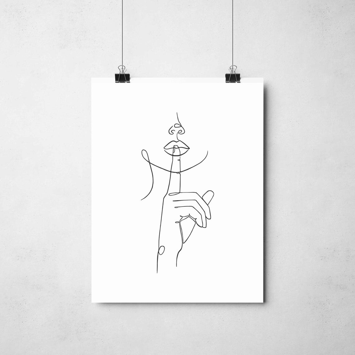Minimalist Woman Shhh Line Art Poster, Black White - Image 2