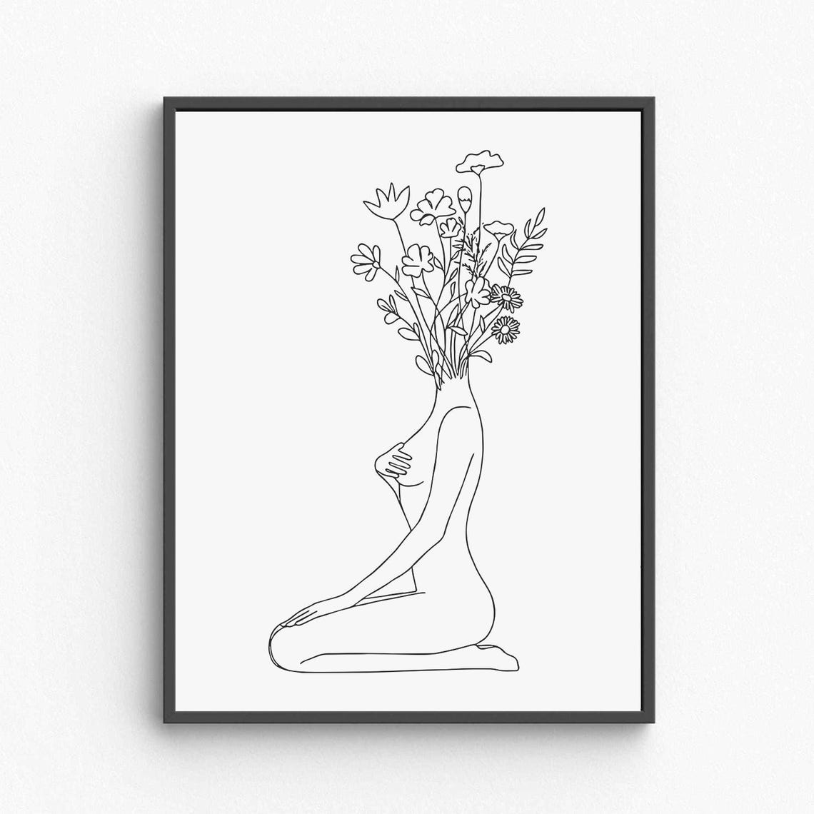 Flower Head Woman Line Art Kneeling Figure Blooming Crown Poster