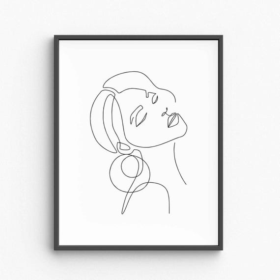 Minimalist Woman Face With Earrings Line Art Bold Jewelry Portrait Black White Female Drawing Stylish Wall Print