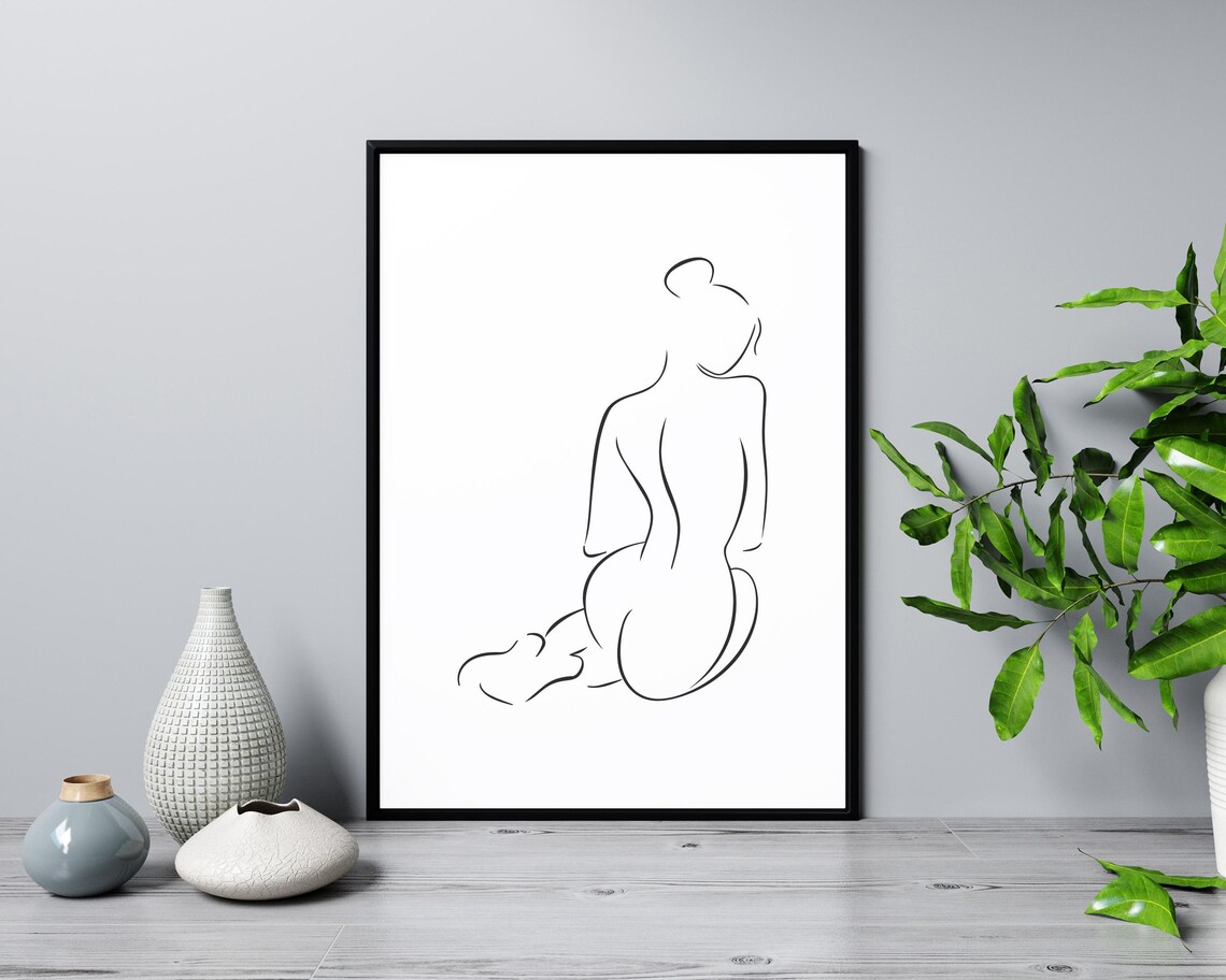 Sitting Nude Woman Line Art Back View Feminine Figure Study Poster - Image 3