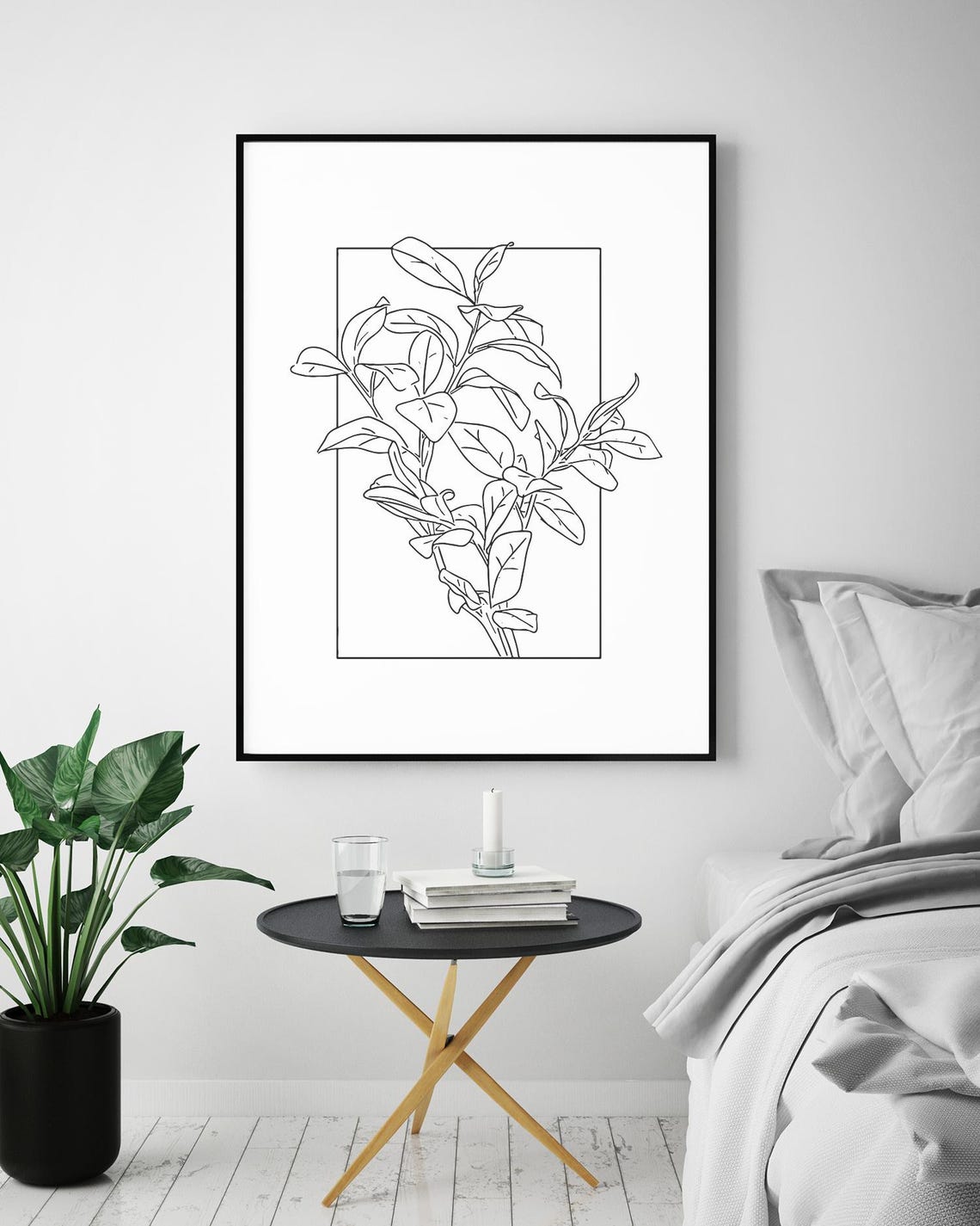 Botanical Leaves Line Art Framed Branch Drawing Modern Green Poster - Image 5