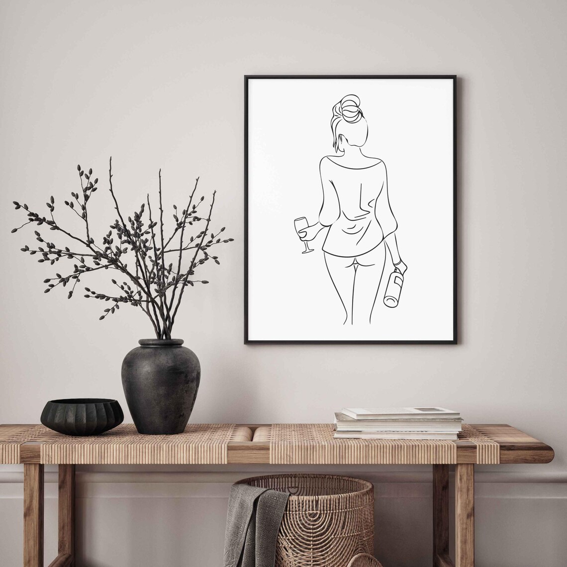Woman Holding Wine Glass And Bottle Line Drawing Feminine Bar Decor Poster - Image 5