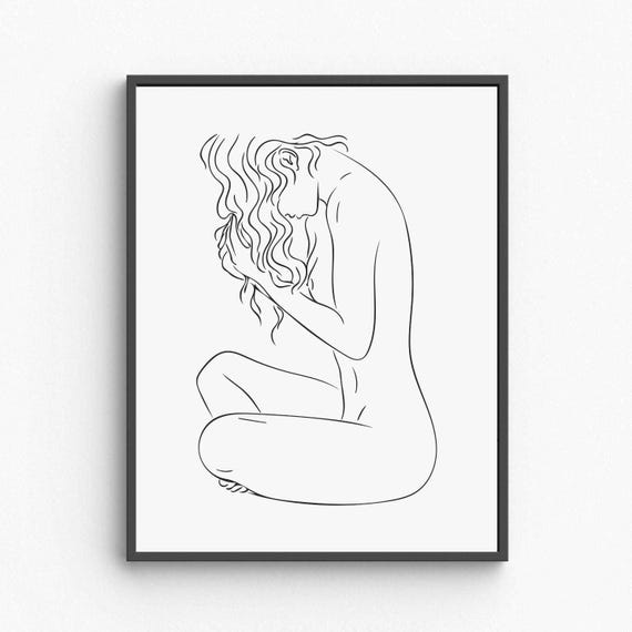 Minimalist Nude Woman Line Art Sensual Female Silhouette Touching Hair Elegant Body Wall Decor