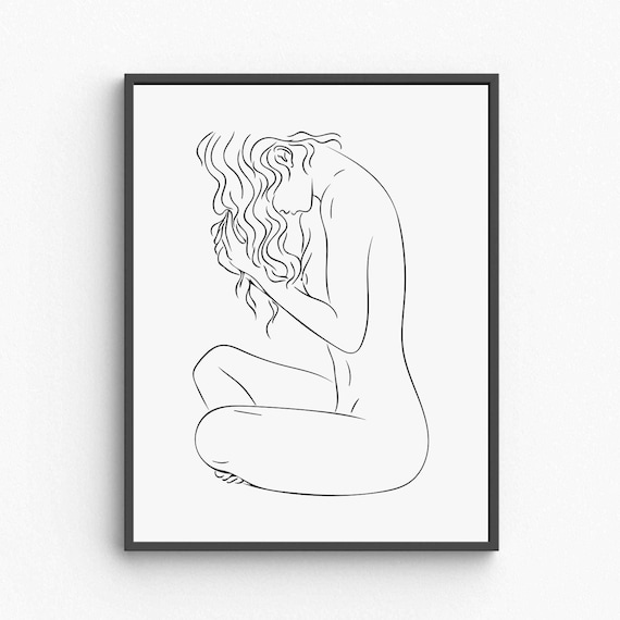 Seated Nude Woman Line Art Long Hair Elegant Female Figure Poster
