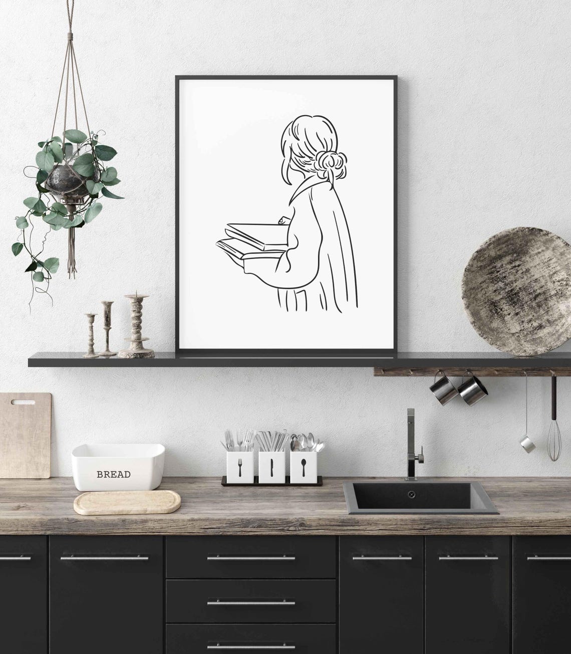 Woman Holding Books Back View Minimalist Line Art Reader Poster - Image 6