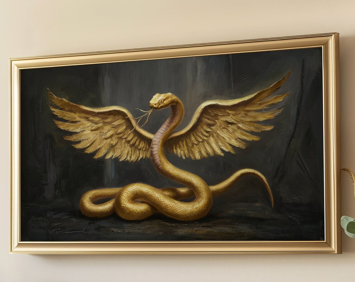 Golden Winged Serpent On Black Dark Academia Mythical Surreal Wall Poster - Image 3