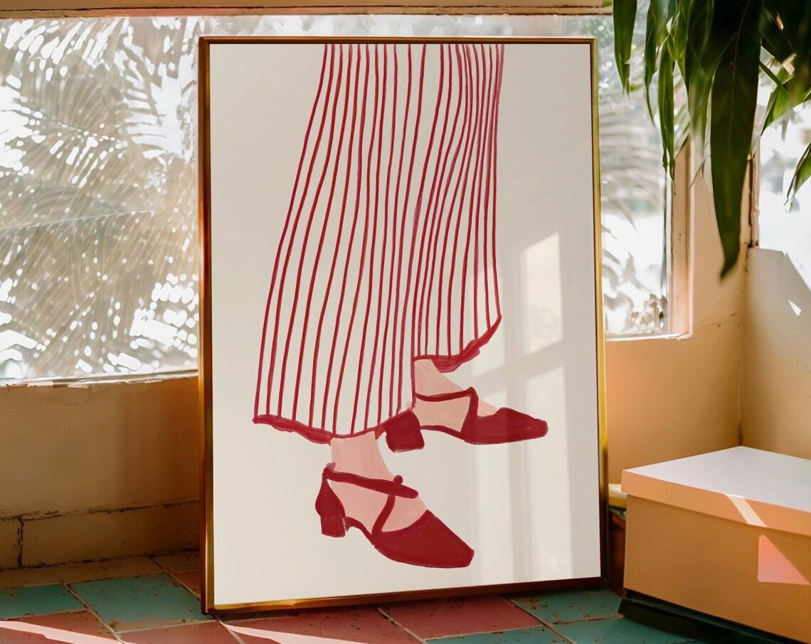 Red Line Art Woman Shoes Retro Wall Print