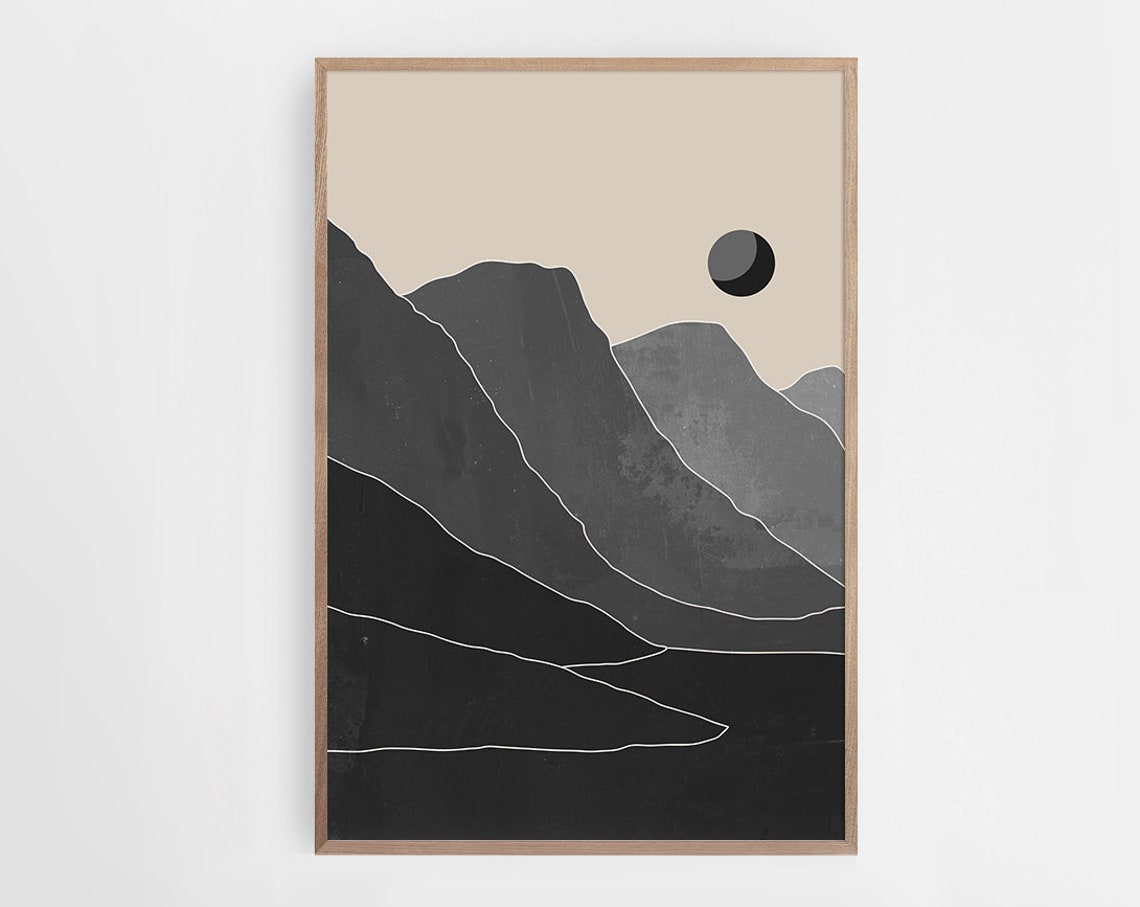Black Mountain Landscape Crescent Moon Beige Contemporary Poster