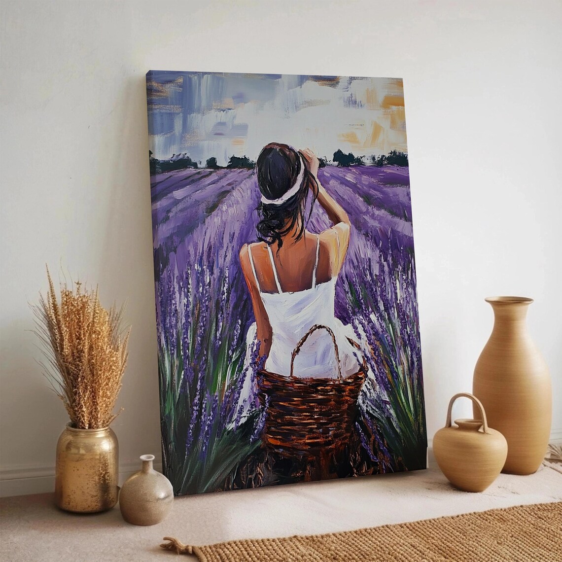 Woman In Lavender Field Harvest Painting Purple Garden Canvas Poster