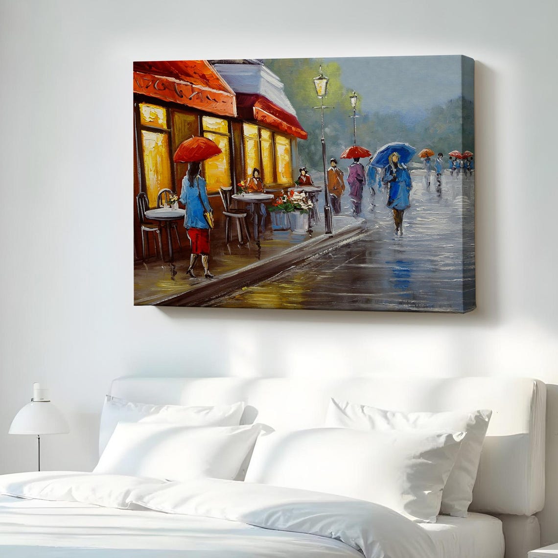 Rainy Paris Cafe Street Scene Umbrellas Romantic Evening Poster