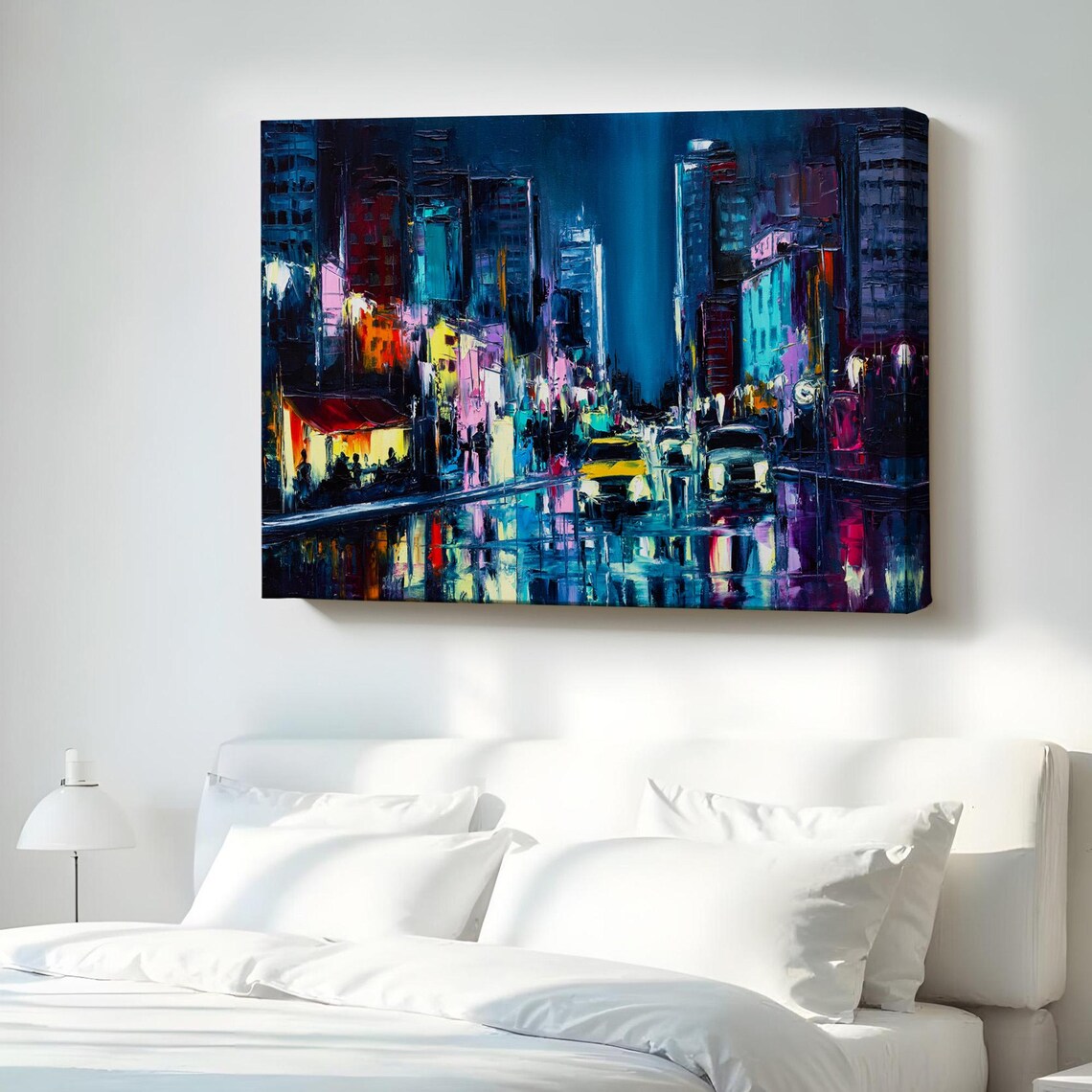 New York City Night Street Rain Neon Lights Art Painting Poster